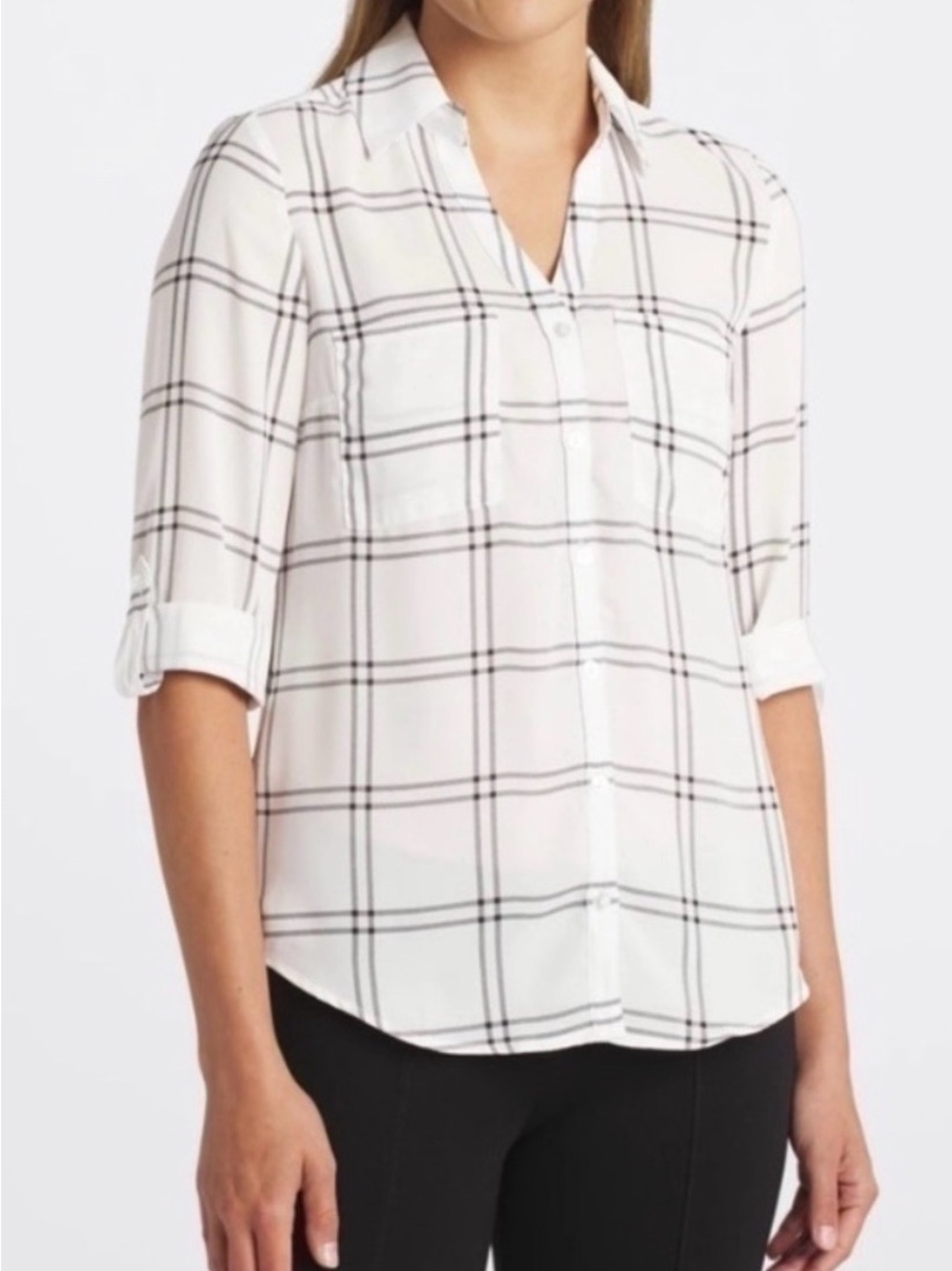 Women's White Plaid Button-Up Shirt with Roll-Tab Sleeves